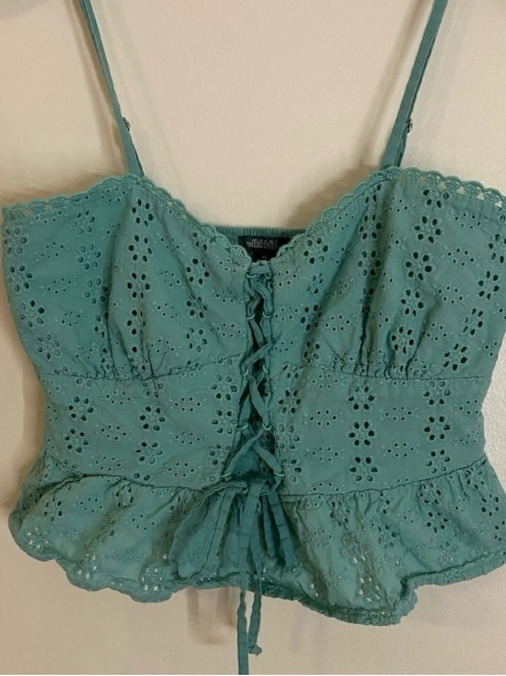 Eyelet Lace-Up feminine Spaghetti Strap Crop Top - Teal